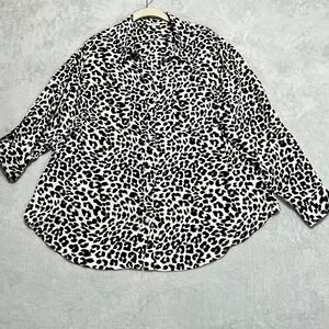 Talbots Women's 1X Button Front Shirt Black White Animal Print Roll Sleeve
